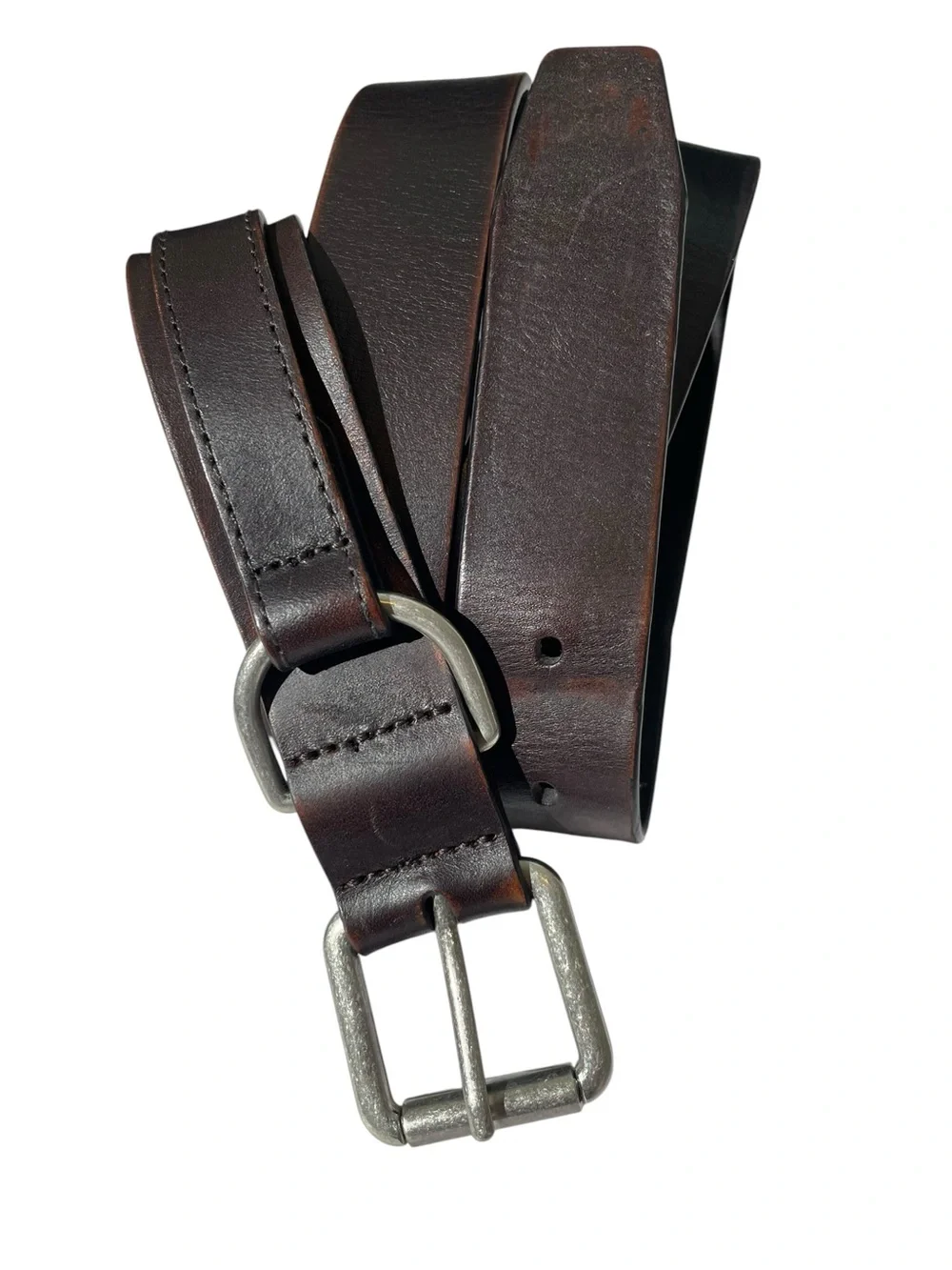 Vintage Men's Brown Leather Belt Double Silver Buckle Western City Hippie Sz 38